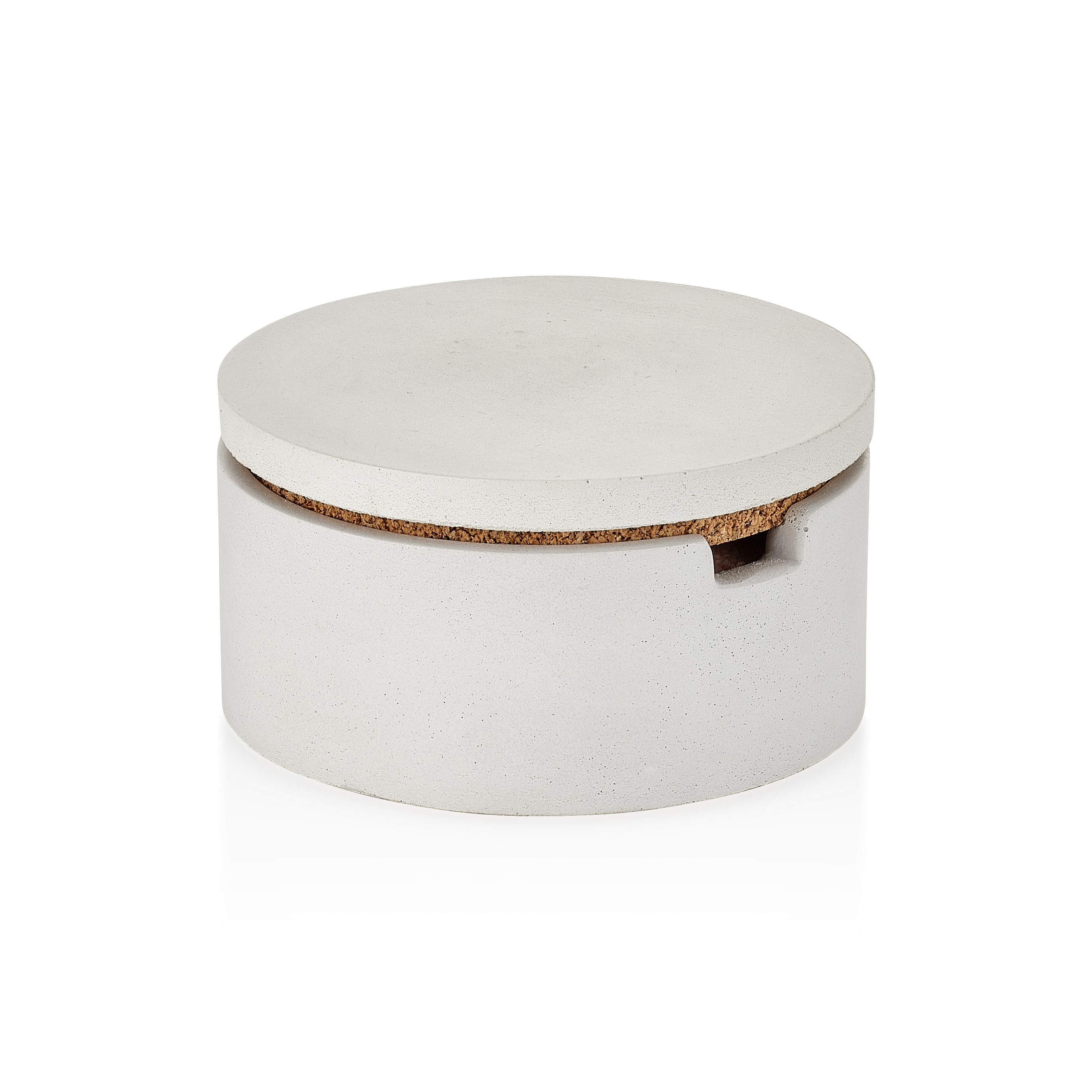 Round concrete box with a wooden lid on a white background.  Henderson Garden Supply