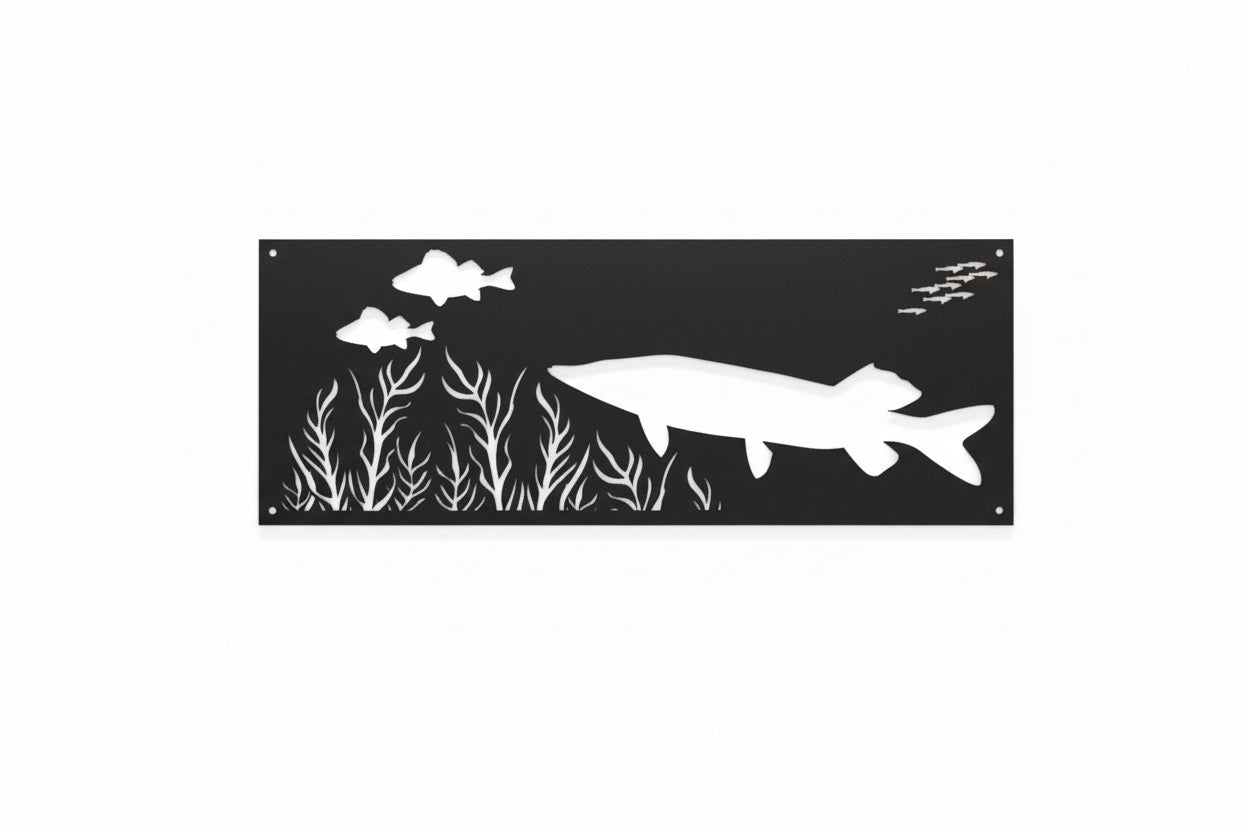 Decorative metal panel with fish and underwater scene on a textured white background.  Henderson Garden Supply
