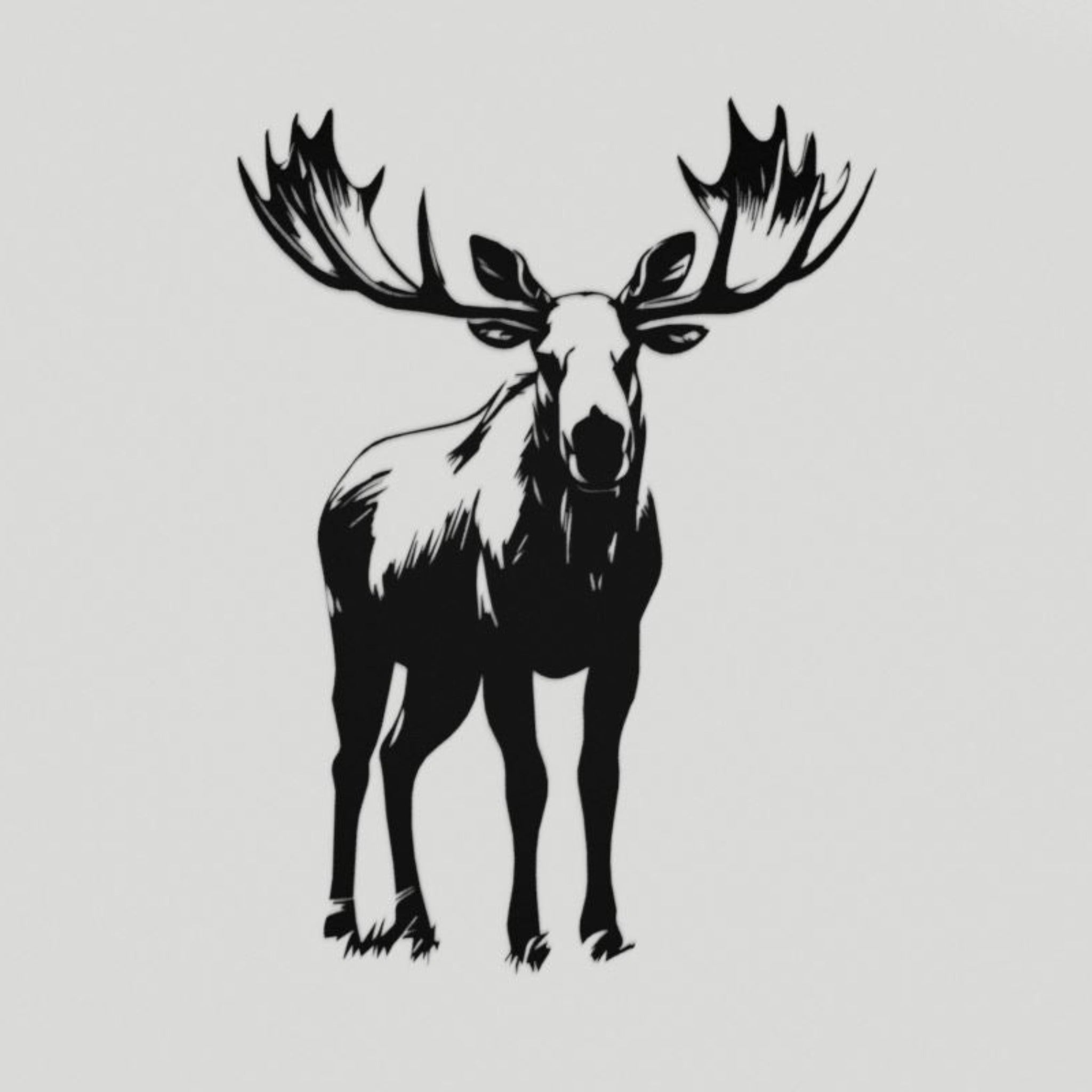 Black silhouette of a moose on a light gray background.  Henderson Garden Supply