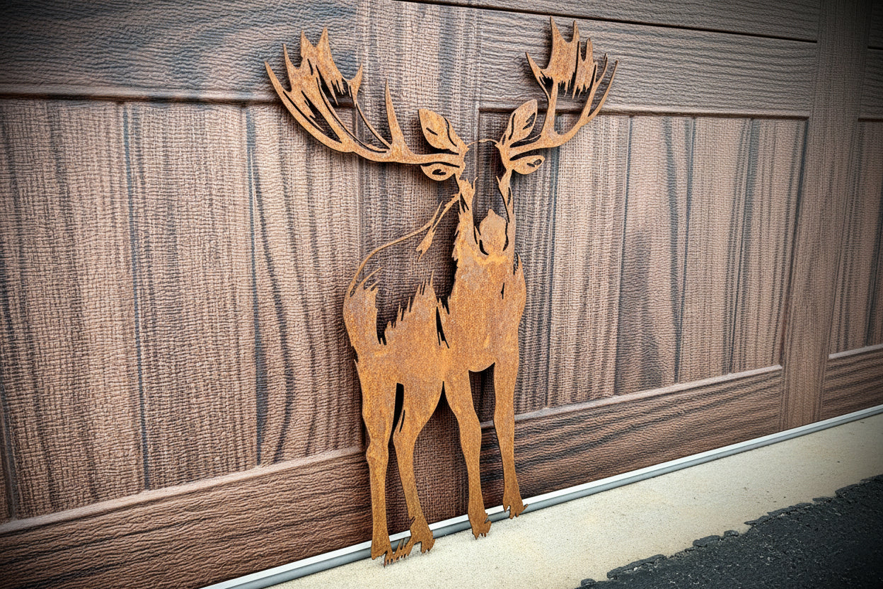 Metal deer sculpture on a wooden background.  Henderson Garden Supply