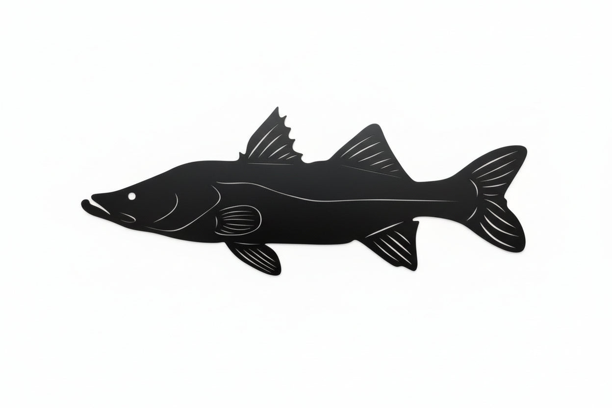 Black silhouette of a fish on a white background.  Henderson Garden Supply