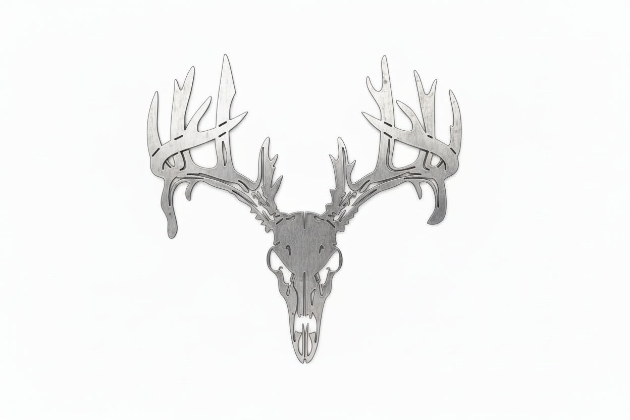 Metallic deer skull and antlers on a wooden wall.  Henderson Garden Supply