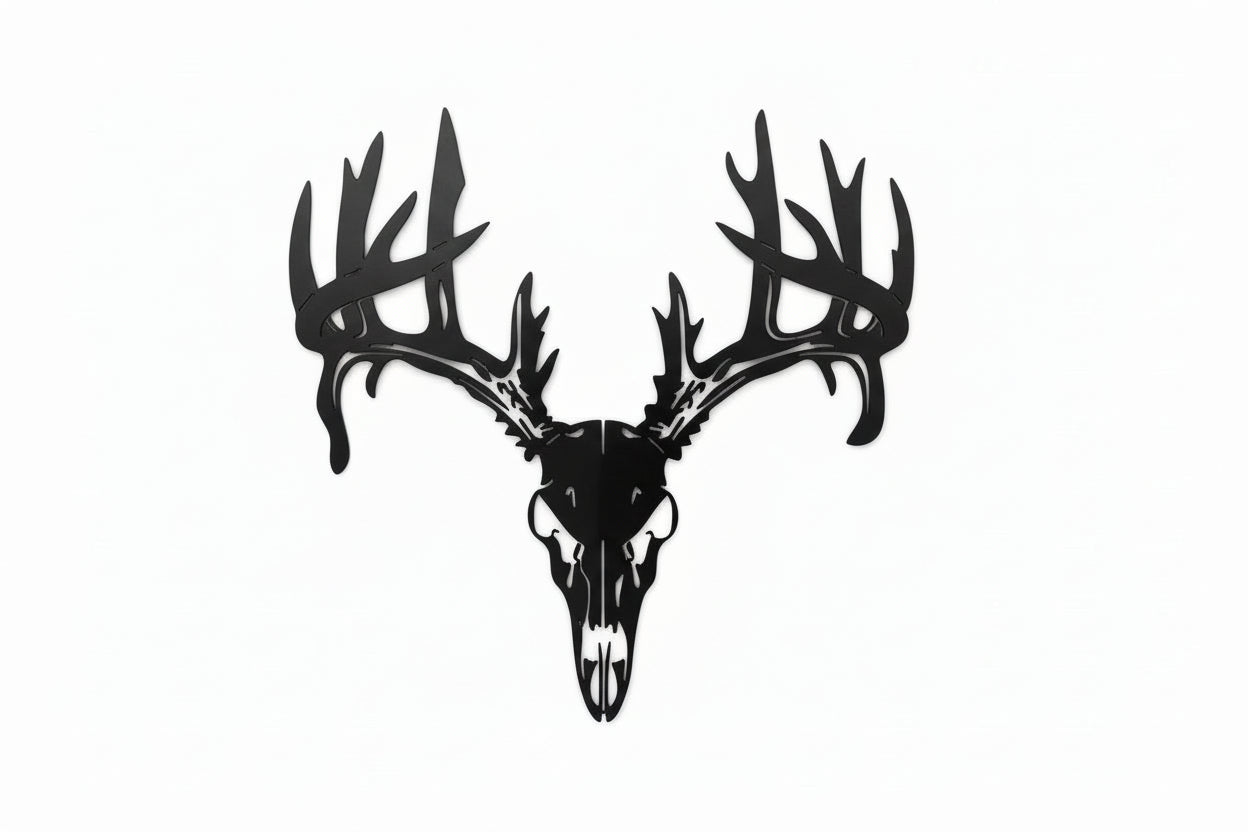 Black silhouette of a deer skull with large antlers on a white background.  Henderson Garden Supply