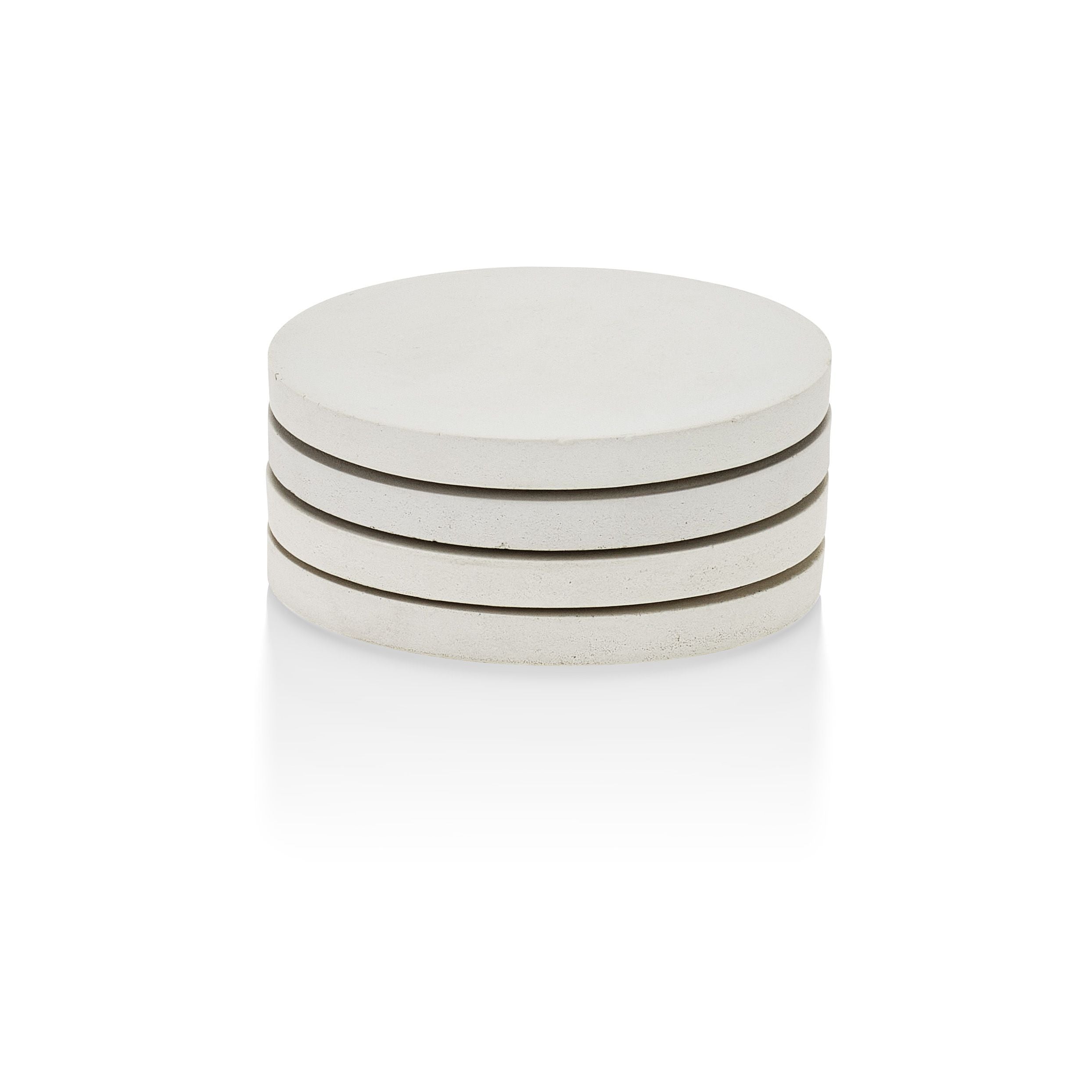 Round white concrete coasters with three black horizontal bands on a white background.  Henderson Garden Supply