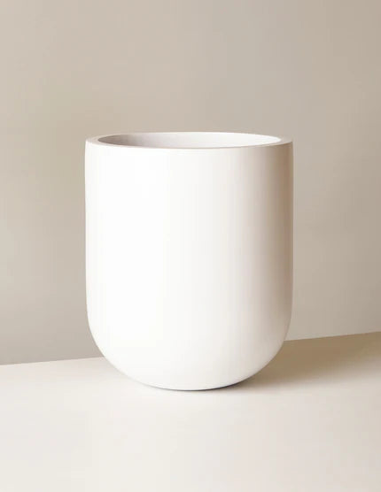 White ceramic planter on a neutral background.  Henderson Garden Supply