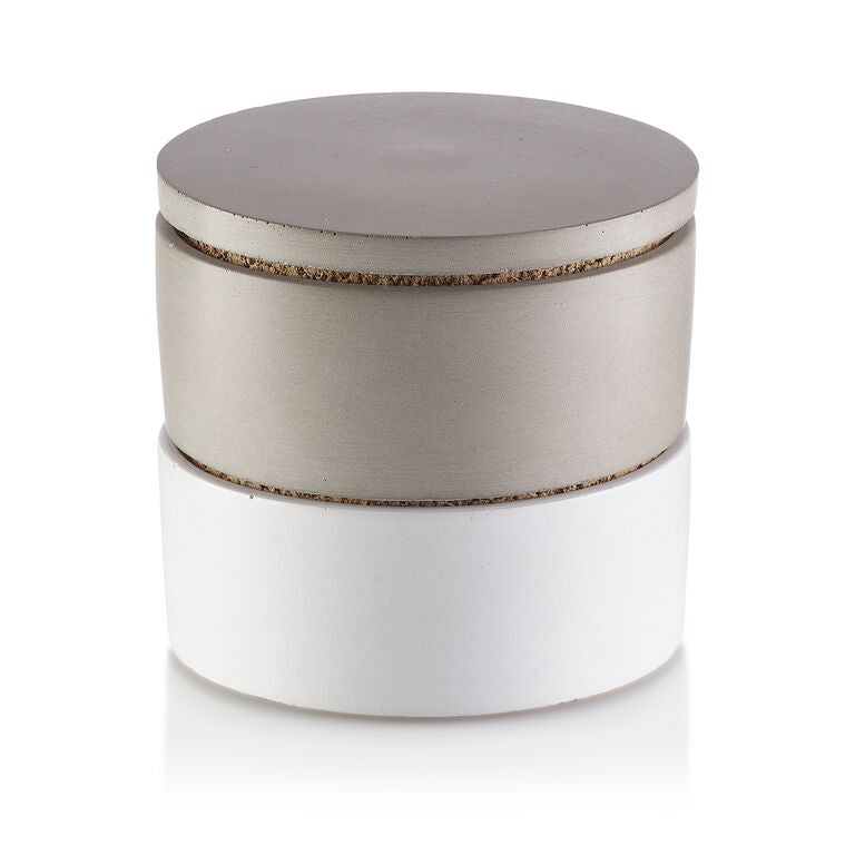 Round container with two-tone design on a white background.  Henderson Garden Supply