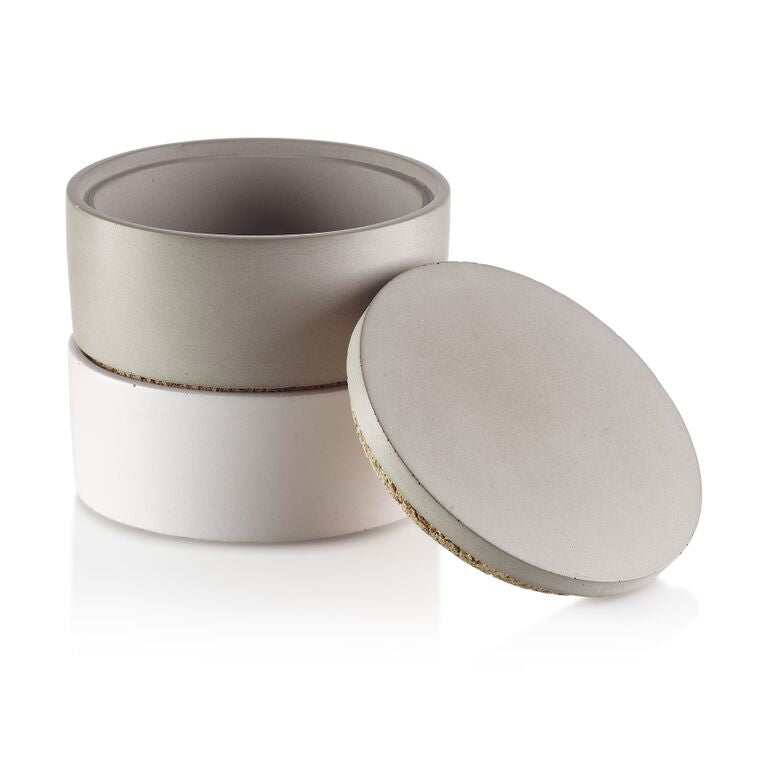 Two concrete containers with lids on a white background.  Henderson Garden Supply