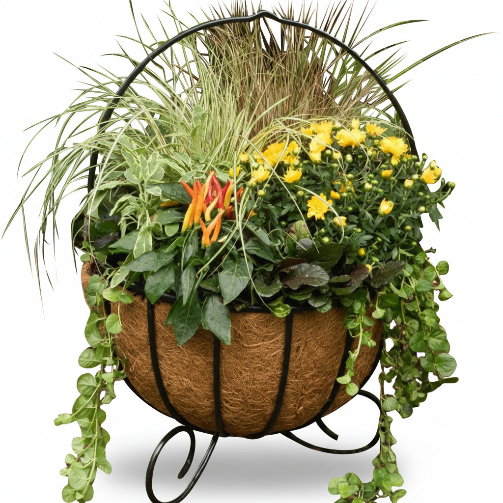 Cauldron Basket Planters With Coco Liners shown with Fall Flowers- Henderson Garden Supply