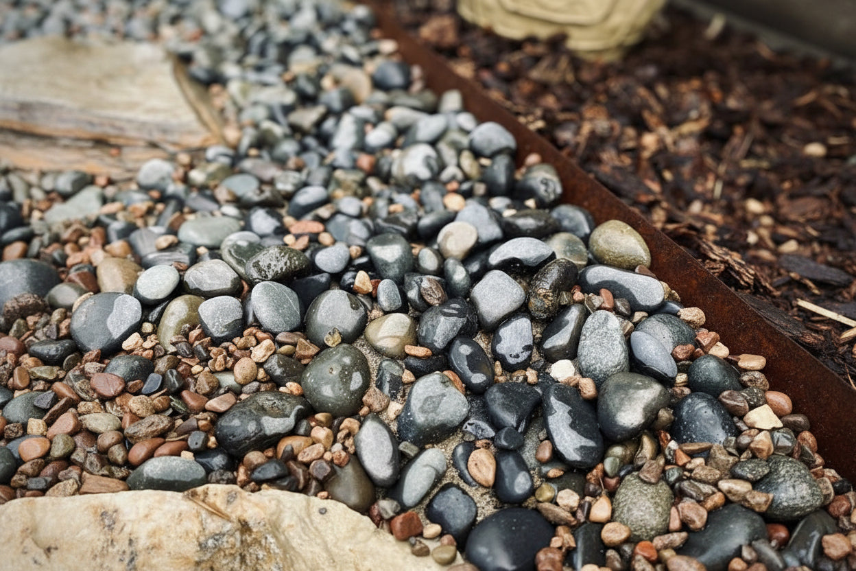Corten edging with rusted patina shown as a divider between mulch and gravel - Henderson Garden Supply