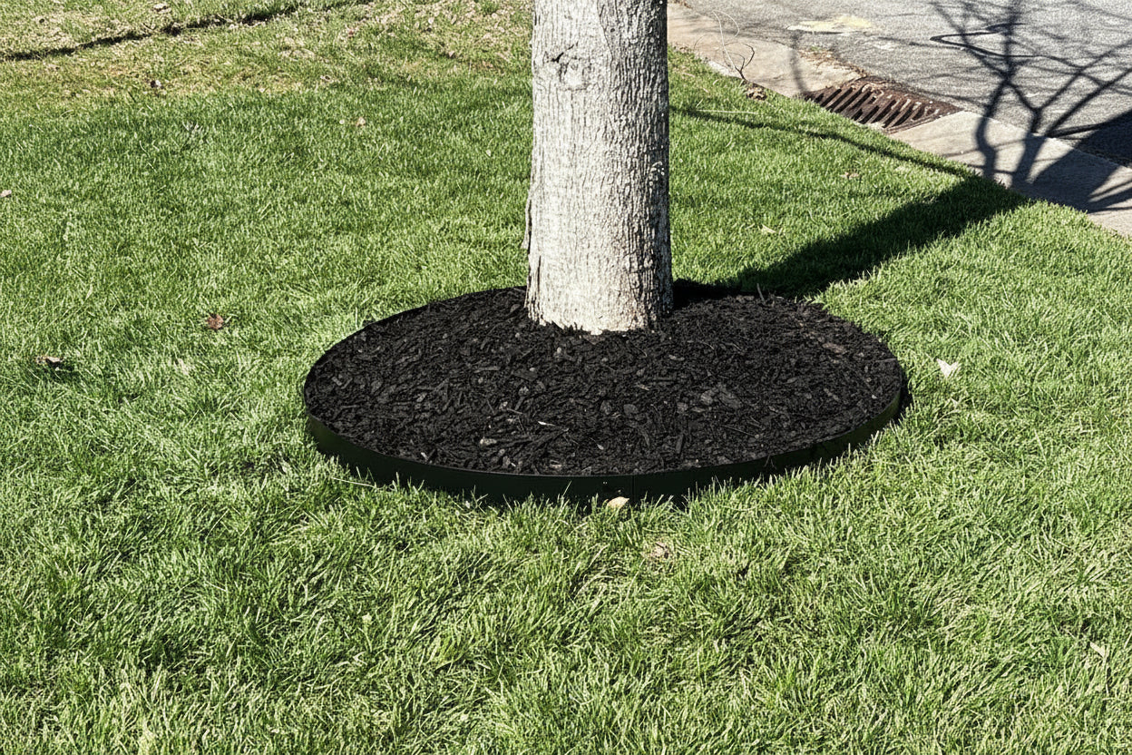 Core edge prerolled steel black powdercoated tree ring shown around a tree with mulch inside - Henderson Garden Supply