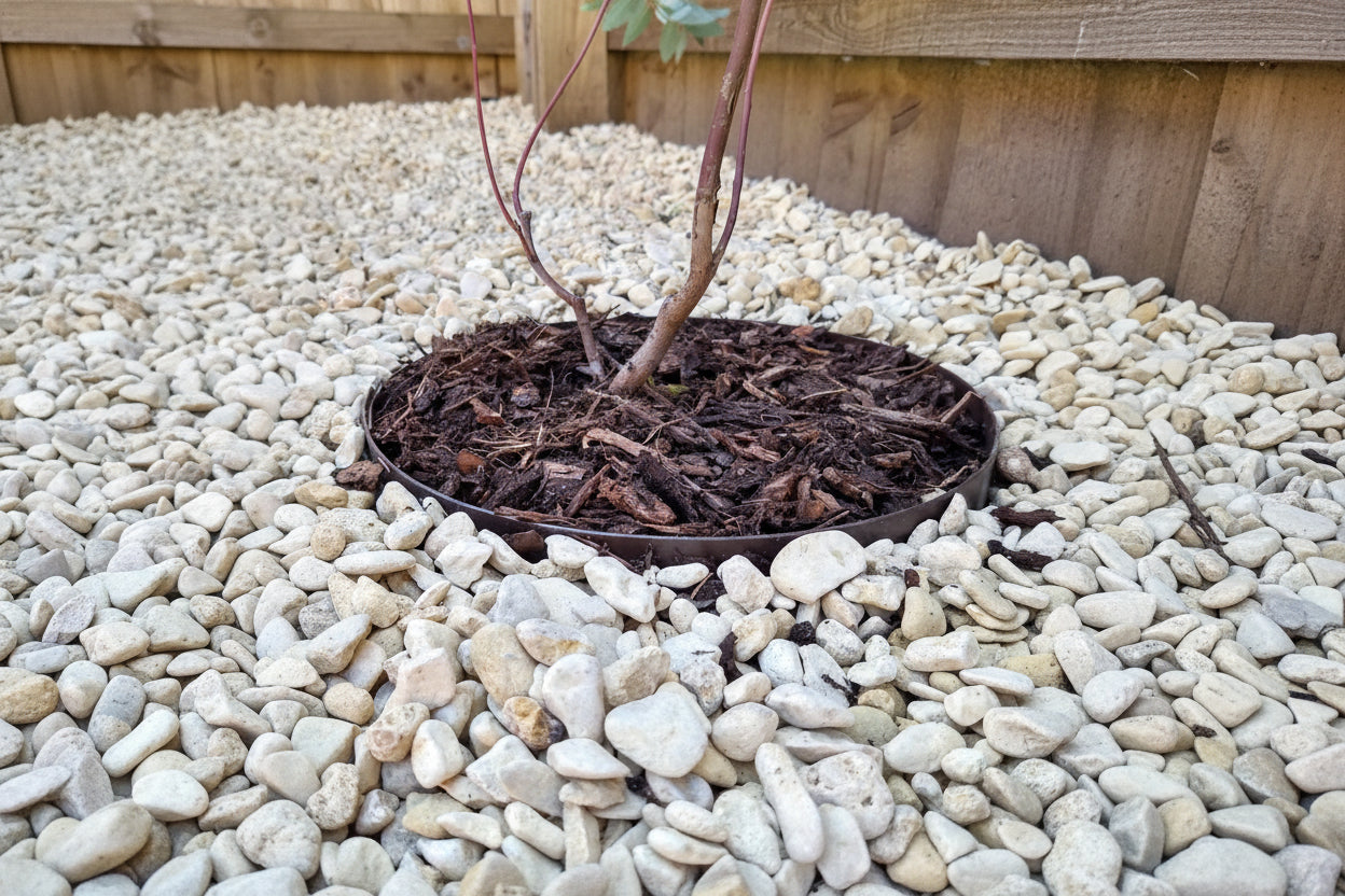 Everedge brown steel prerolled tree rings shown around a tree and as a divider between stone and mulch.  Henderson Garden Supply